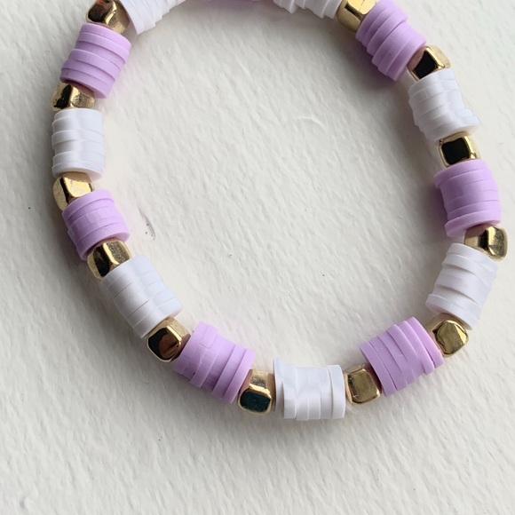 Handmade clay bead bracelet purple/white gold square bead’s stretchy - Picture 4 of 5